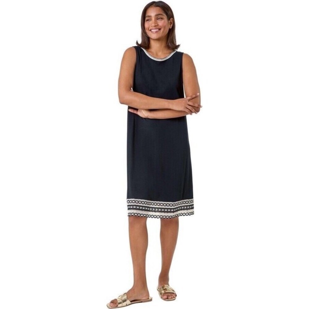 J. Jill Black Sleeveless Shift Dress with White Crochet Trim